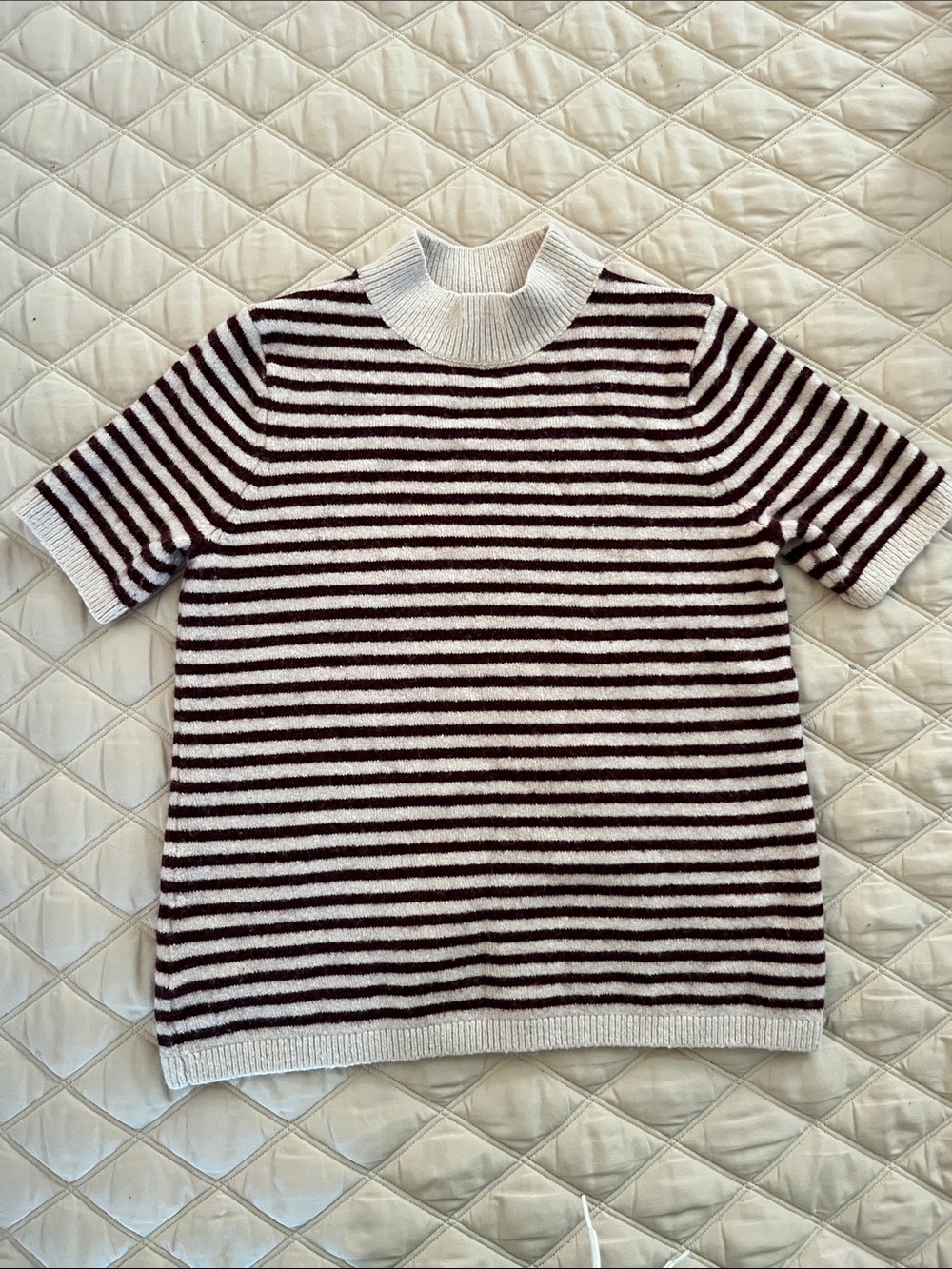 LOFT Cream and Brown Striped Short Sleeve Knit Top